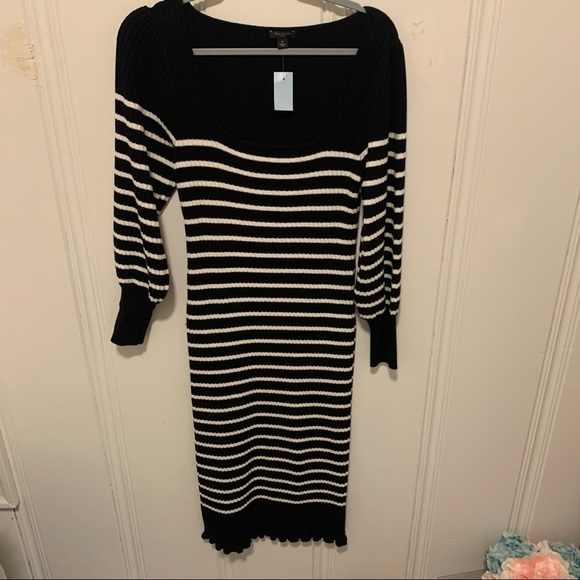 Ann Taylor Black White Striped Cotton Blend MIDI Sweater Dress Size MP NWT - Picture 1 of 6
